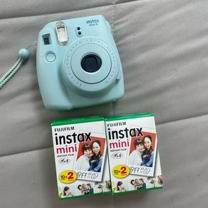 Blue instax mini 8 with 2 boxes of film